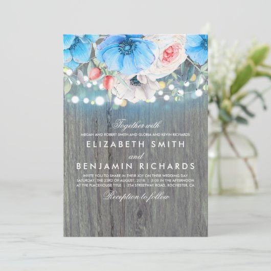 Aquamarine florale Rustikale Lichter Hochzeit Einladung (Stehend Vorderseite)