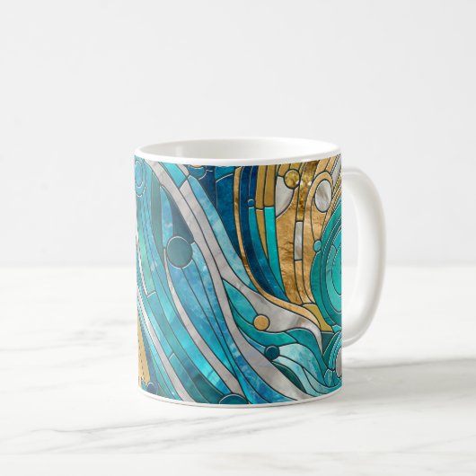 Aquamarine Fluss Abstrakt Mosaik Kunst, Dichtung u Kaffeetasse (VorderseiteRechts)