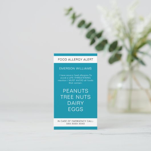Aquamarine Food Allergy Alert Personalisiert Koch Visitenkarte (Stehend Vorderseite)