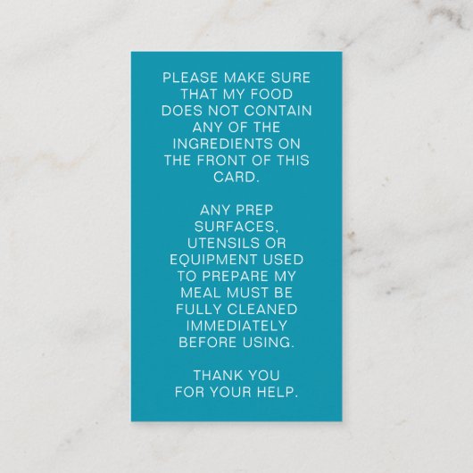 Aquamarine Food Allergy Alert Personalisiert Koch Visitenkarte (Rückseite)
