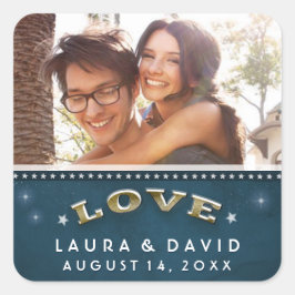 Aquamarine FOTO-Hochzeit der Liebe mit Gold & Whit Quadratischer Aufkleber