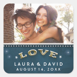 Aquamarine FOTO-Hochzeit der Liebe mit Gold & Whit Quadratischer Aufkleber