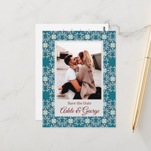 Aquamarine FOTO Hochzeit Speichern Sie das Datum P Postkarte (Vorderseite/Rückseite Beispiel)