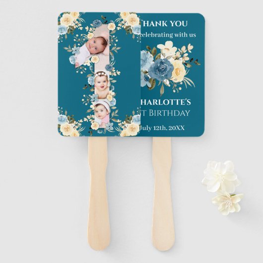 Aquamarine FotoCollage 1. Geburtstag Blaue gelbe B Fächer (Vorne und Hinten)