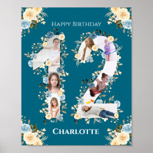 Aquamarine FotoCollage Gelbe Blume 12. Geburtstag Poster