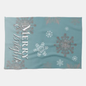 Aquamarine fröhliche und helle Schneeflocken Weihn Geschirrtuch (Horizontal)