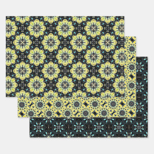 Aquamarine, gelbe Schwarz-Dekorative Geometrische  Geschenkpapier Set