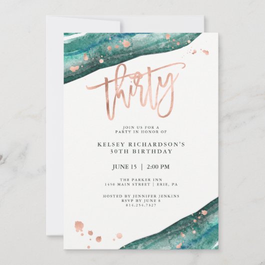 Aquamarine Geode und Imitate Rose Gold Look | 30. Einladung (Vorderseite)