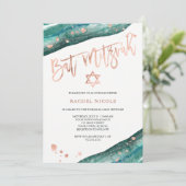 Aquamarine Geode und Imitate Rose Gold Look Bat Mi Einladung (Stehend Vorderseite)