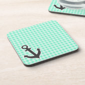Aquamarine Gingham, Nautical Anchor Untersetzer (Linke Seite)