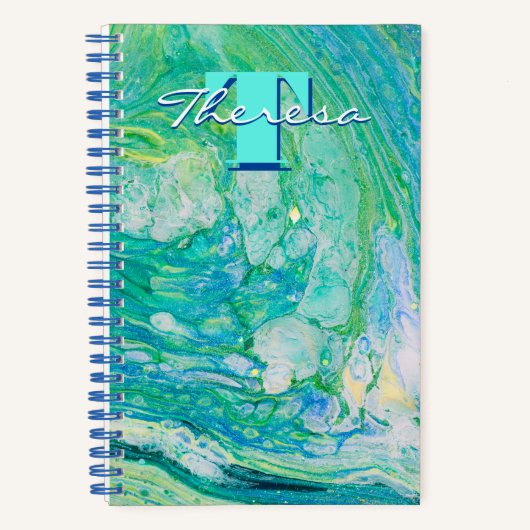 Aquamarine-Glitzer Acrylic Fluid-Art-Notebook Notizblock (Vorderseite)