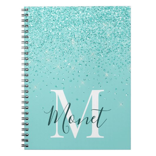 Aquamarine Glitzer Monogram Name Self Care Journal Notizblock (Vorderseite)