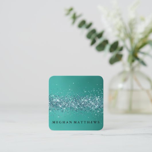 Aquamarine Glitzern Beauty Square Business Card Quadratische Visitenkarte (Stehend Vorderseite)