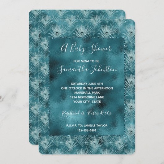 Aquamarine Glitzy Glam Peacock Federn Einladung (Vorne/Hinten)