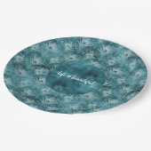 Aquamarine Glitzy Glam Peacock Federn Pappteller (Schrägansicht)