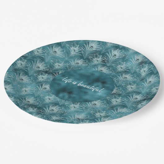 Aquamarine Glitzy Glam Peacock Federn Pappteller (Schrägansicht)