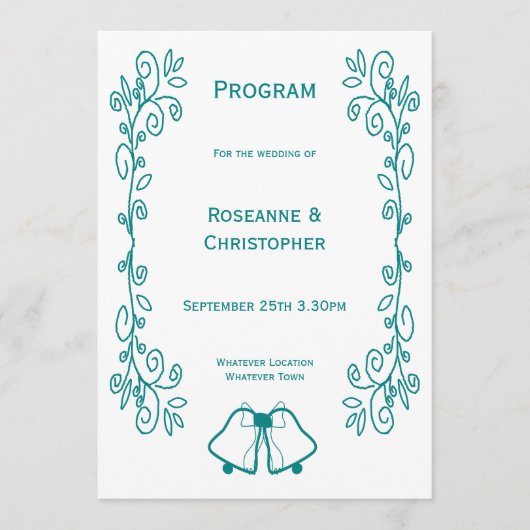 Aquamarine Glocken-Scrollwork-Hochzeit Programm (Vorderseite)