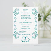 Aquamarine Glocken-Scrollwork-Hochzeit RSVP Karte (Stehend Vorderseite)