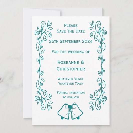Aquamarine Glocken-Scrollwork-Hochzeit Save The Date (Vorderseite)