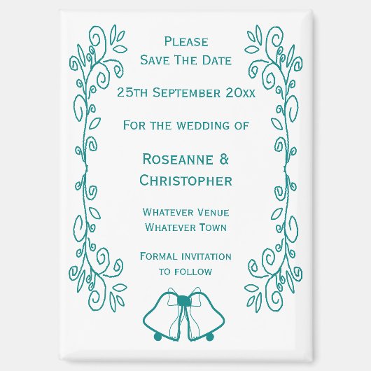 Aquamarine Glocken-Scrollwork-Hochzeit speichern d Magnet (Vorderseite)