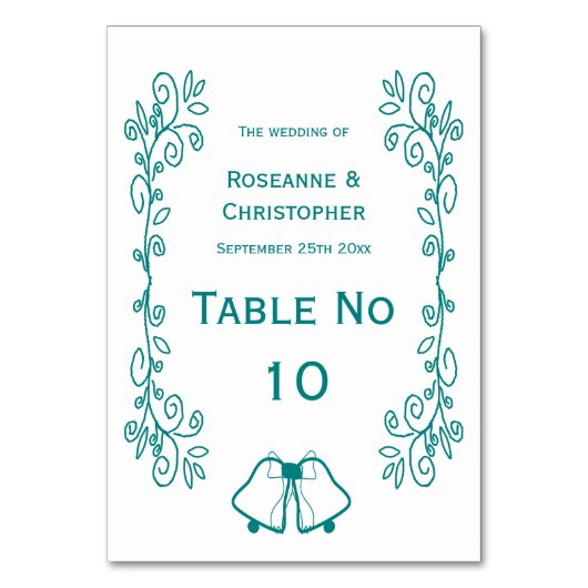 Aquamarine Glocken-Scrollwork-Hochzeit Tischnummer (Rückseite)