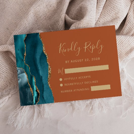 Aquamarine Gold Agate Burnt Orange Wedding RSVP Ca