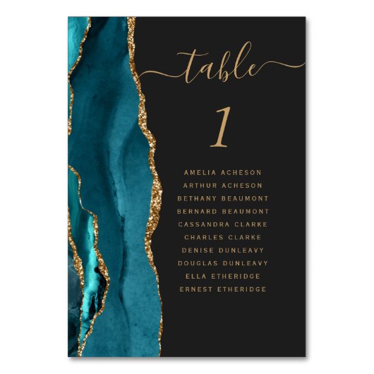 Aquamarine Gold Agate Dark Wedding Tischnummer (Vorderseite)