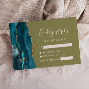Aquamarine Gold Agate Olive Green Wedding RSVP Car