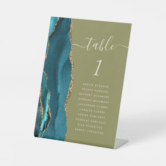 Aquamarine Gold Agate Olive Green Wedding Tischnum Sockelschild (Vorderseite)