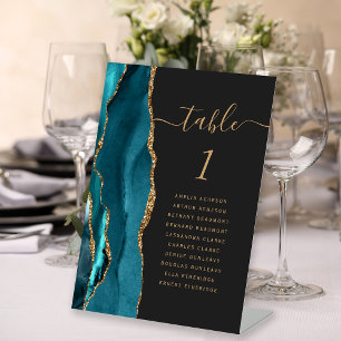 Aquamarine Gold Agate Script Dark Wedding Tischnum Sockelschild