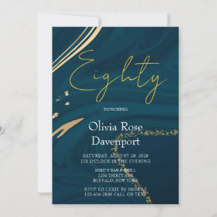 Aquamarine Gold Alcohol Ink 80. Geburtstagsparty Einladung