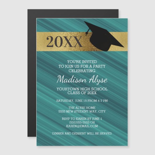 Aquamarine Gold Black Graduation Party Magneteinladung (Vorne/Hinten)