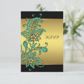 Aquamarine Gold Blume Black Gold Bat Mitzvah UAWG RSVP Karte (Stehend Vorderseite)