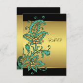 Aquamarine Gold Blume Black Gold Bat Mitzvah UAWG RSVP Karte (Vorne/Hinten)