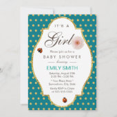 Aquamarine Gold Dots Daisy & Ladybug Girl Babydusc Einladung (Vorderseite)