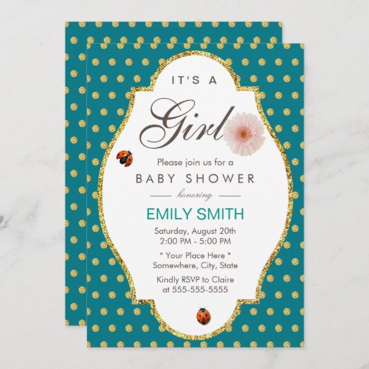 Aquamarine Gold Dots Daisy & Ladybug Girl Babydusc Einladung (Vorne/Hinten)