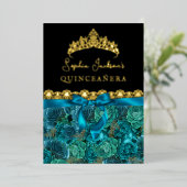 Aquamarine Gold Floral Rosen Quinceanera Folieneinladung (Stehend vorne)