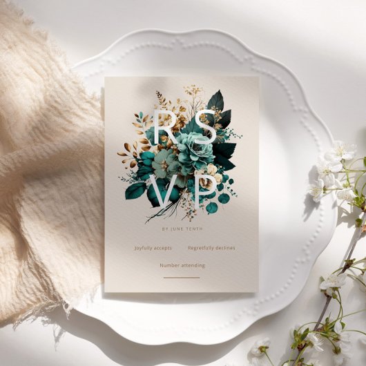Aquamarine Gold Floral RSVP Card