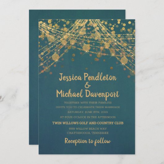 Aquamarine Gold Glitzer String Lights Hochzeit Einladung (Vorne/Hinten)