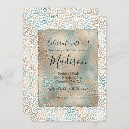 Aquamarine Gold Leopard Print Einladung (Vorne/Hinten)