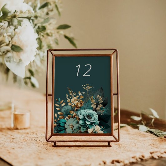 Aquamarine Gold Luxe Floral Wedding Table Card Tischnummer