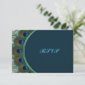 Aquamarine, Gold Peacock Feathers RSVP Card (Stehend Vorderseite)