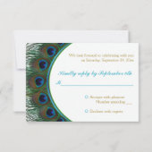 Aquamarine, Gold Peacock Feathers RSVP Card (Rückseite)