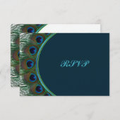 Aquamarine, Gold Peacock Feathers RSVP Card (Vorne/Hinten)