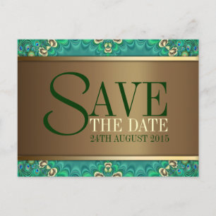 Aquamarine Gold Pfau Save the Date Postkarte