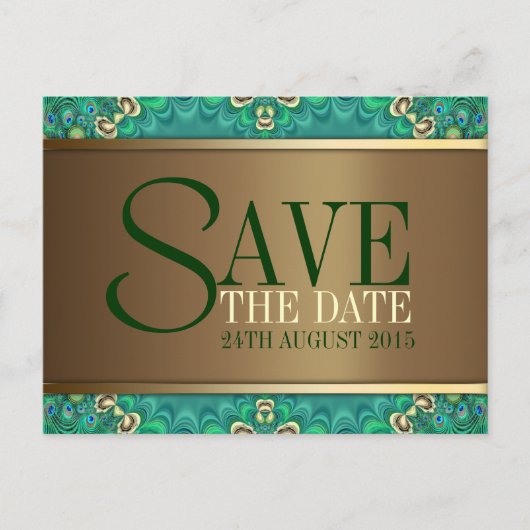 Aquamarine Gold Pfau Save the Date Postkarte (Vorderseite)