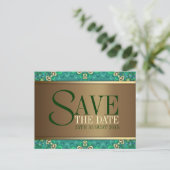 Aquamarine Gold Pfau Save the Date Postkarte (Stehend Vorderseite)