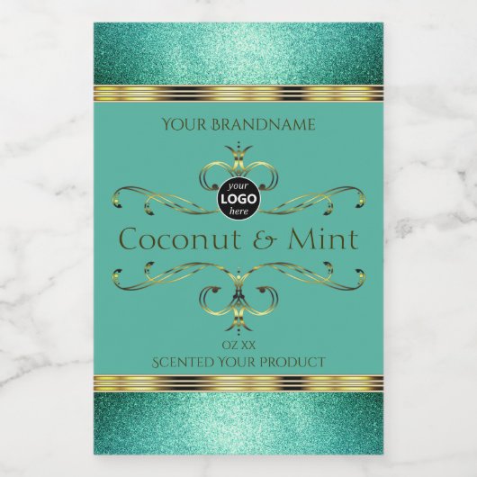 Aquamarine Gold Product Labels Glitzer Borders wit Lebensmitteletikett (Einzelnes Label)