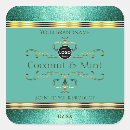 Aquamarine Gold Product Labels Glitzer Borders wit Quadratischer Aufkleber (Vorderseite)