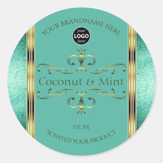 Aquamarine Gold Product Labels Glitzer Borders wit Runder Aufkleber (Vorderseite)